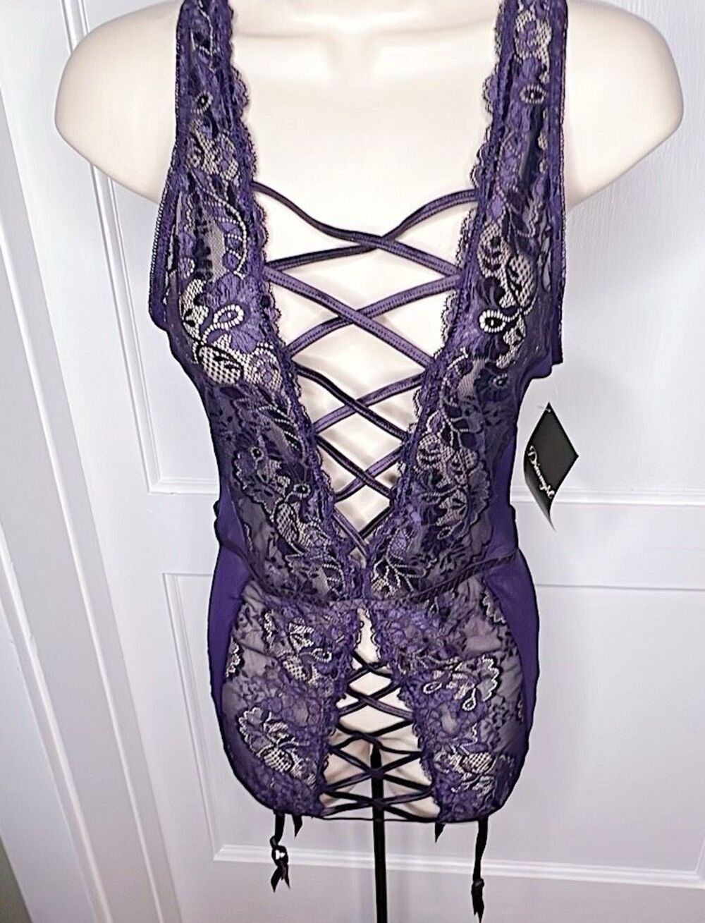 Dreamgirl Purple Lace Mesh Lingerie Garter Dress Eggplant Small Sexy Nightwear N